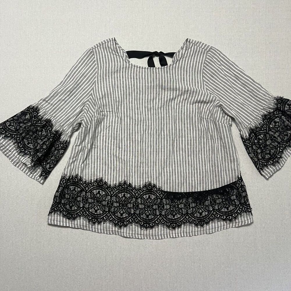Lane Bryant Black White Striped Lace Trim Bow Back Blouse Top Size 14/16